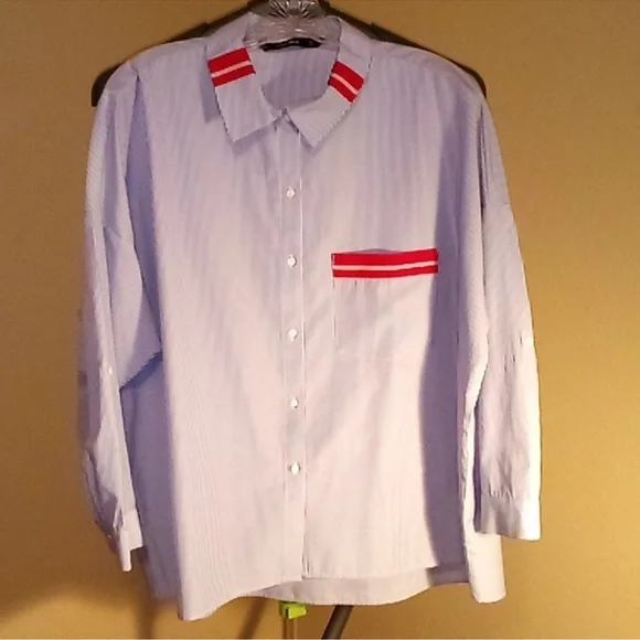 Zara Striped Button Up Shirt with Red Ribbon Accents - Picture 7 of 11